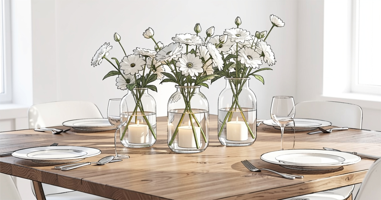 Centre de table moderne avec vases en verre et bougies sur table en bois