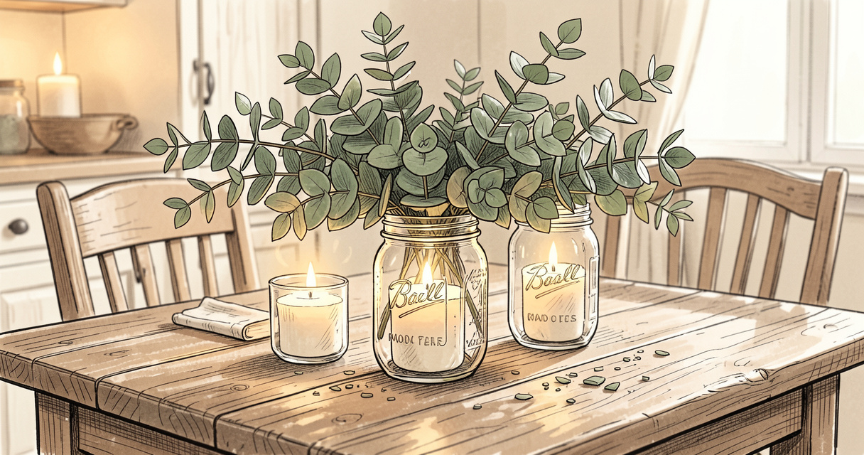 DIY centre de table avec branches d'eucalyptus et bougies dans des bocaux