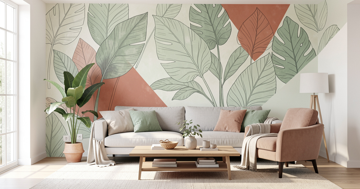 Motif organique végétal sur mur de salon tendance 2026, couleurs terreuses et lumière naturelle