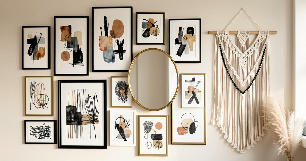 Galerie murale mixte avec cadres métalliques et miroir rond, déco salon contemporaine