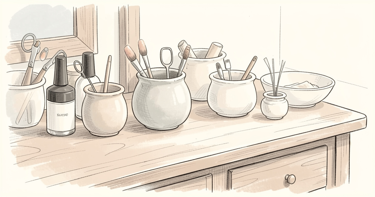 Table de manucure avec produits de soin des ongles naturels en pots céramique