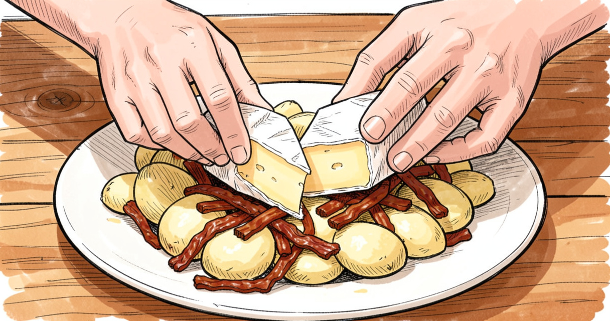 Déposer les morceaux de reblochon sur la tartiflette avant cuisson