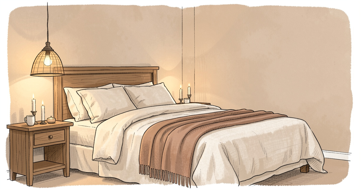 chambre parentale cosy avec literie en lin et éclairage tamisé