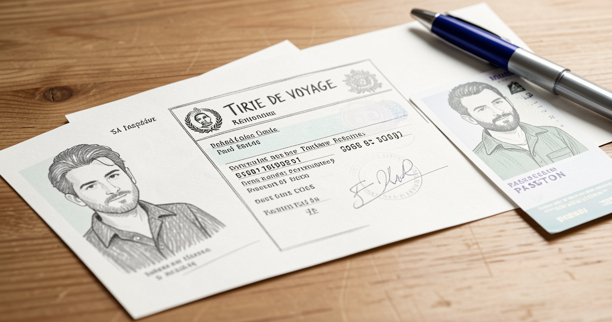 Titre de voyage pour étranger posé sur une table avec photo d'identité et stylo