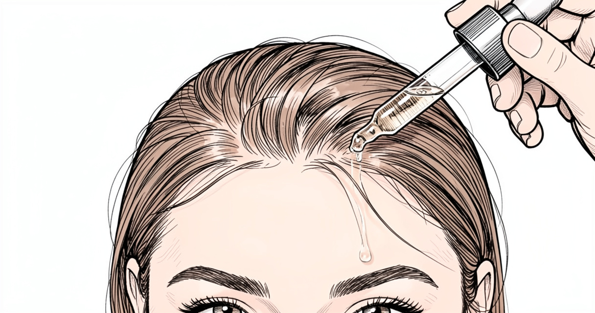 Application d'un sérum pousse des cheveux sur un cuir chevelu sain, routine capillaire