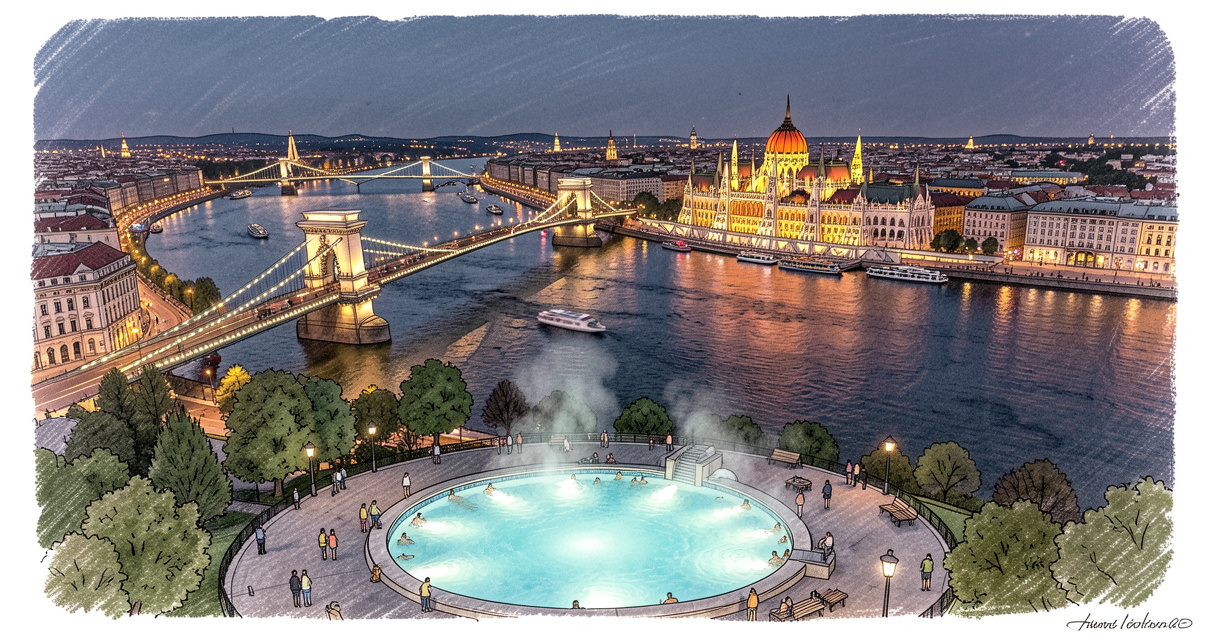 Vue aérienne de Budapest la nuit avec le Parlement et le pont des Chaînes pour un week-end de 3 jours pas cher