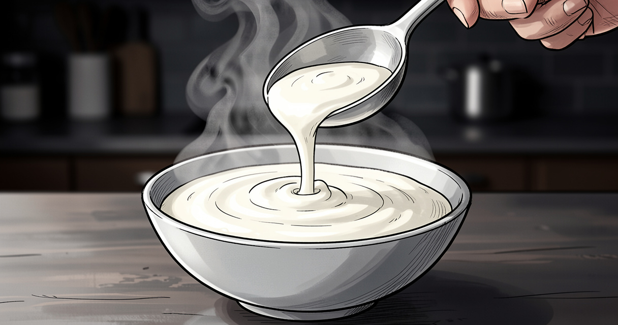 Béchamel au micro-ondes onctueuse versée en filet dans un bol blanc, recette rapide