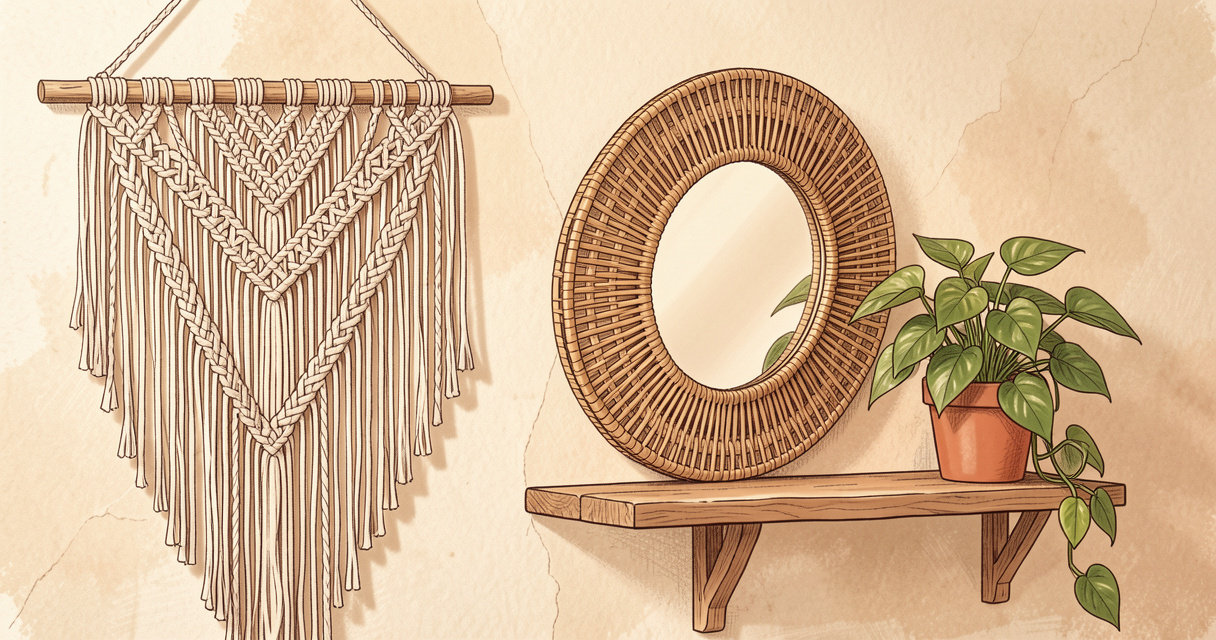 Composition murale bohème chic avec macramé blanc, miroir rotin rond et plante suspendue