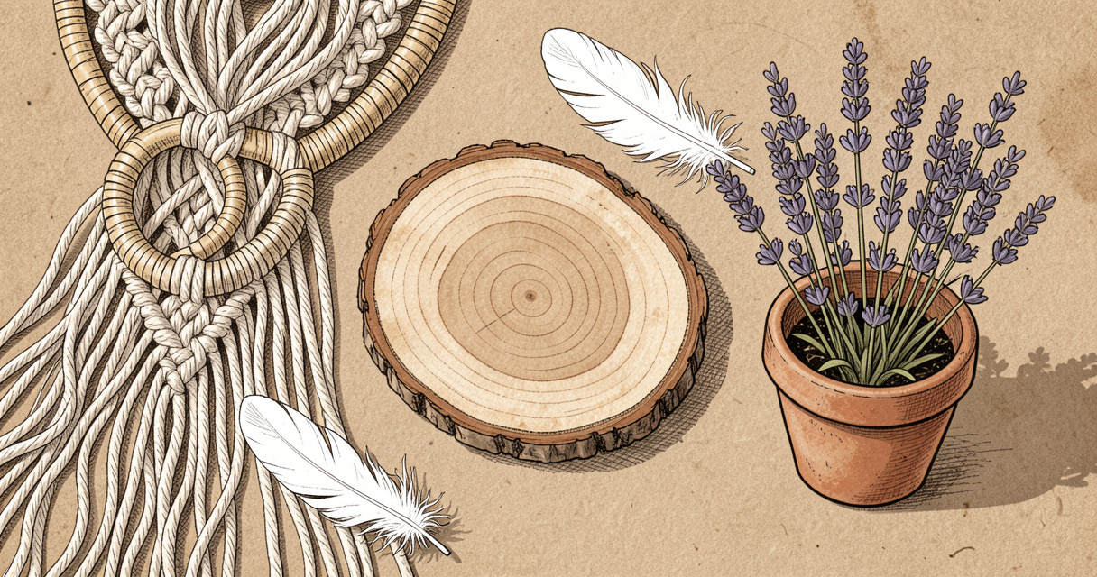 Matériaux naturels pour décoration murale bohème : coton macramé, rotin, bois flotté et plumes
