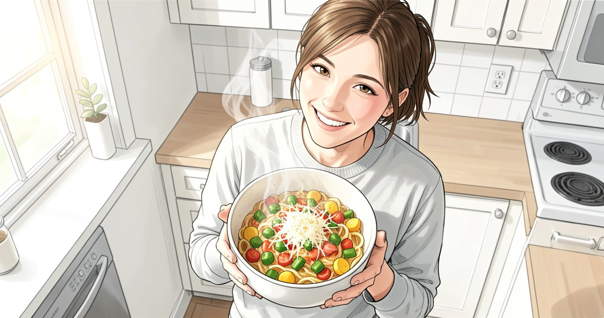Étudiant tenant un bol de one-pot pasta aux légumes prêt à déguster