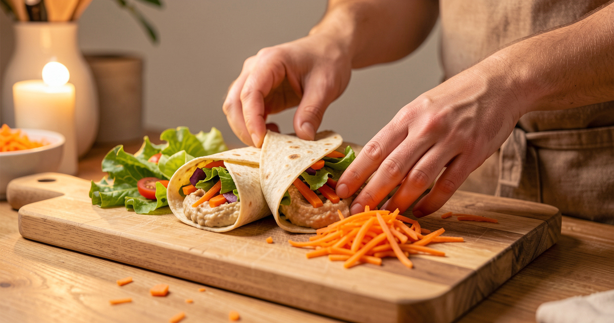 Préparation d'un wrap au houmous et légumes pour un repas étudiant facile