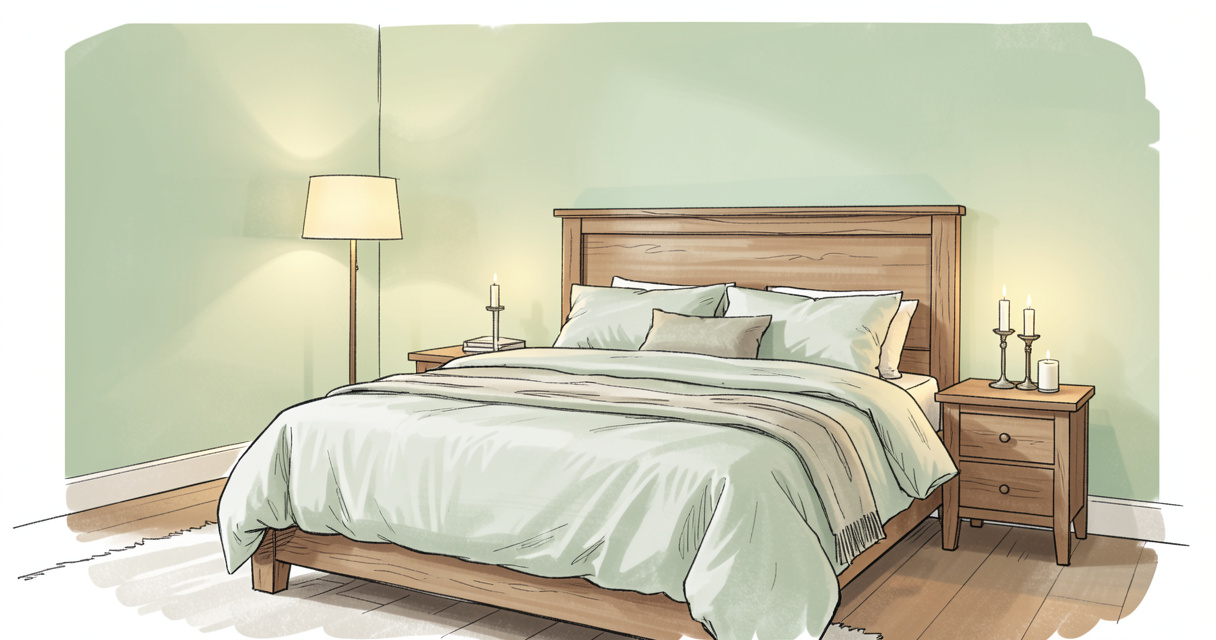 Chambre parentale cocooning avec mur vert sauge et linge de lit en lin, ambiance apaisante.