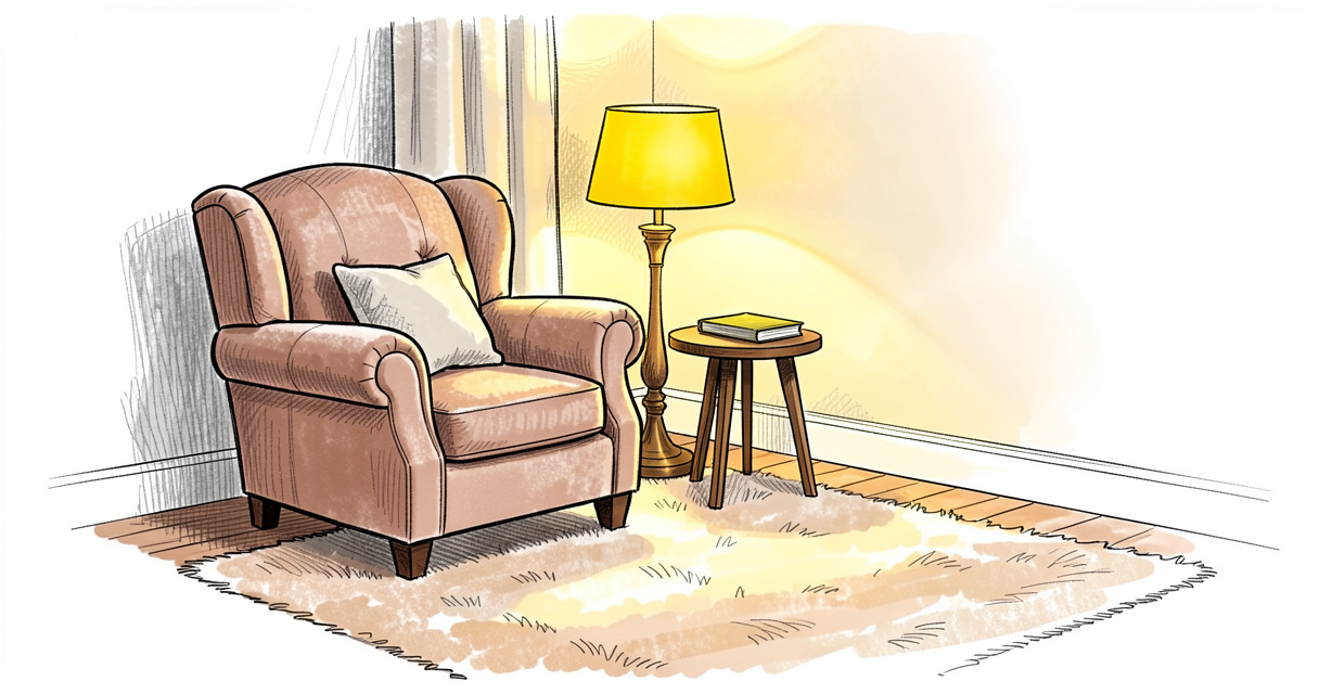 Coin lecture cosy dans une chambre parentale avec fauteuil moelleux et éclairage tamisé.