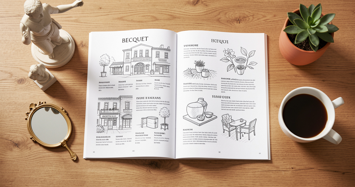 Catalogue Becquet décoration ouvert sur une table avec objets déco et tasse de café
