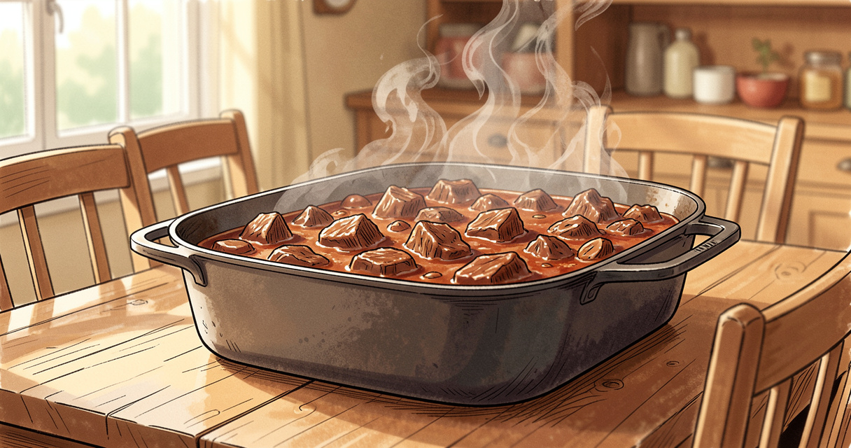 Marmite de boeuf bourguignon posée au centre d'une table en bois, plat convivial d'hiver réconfortant