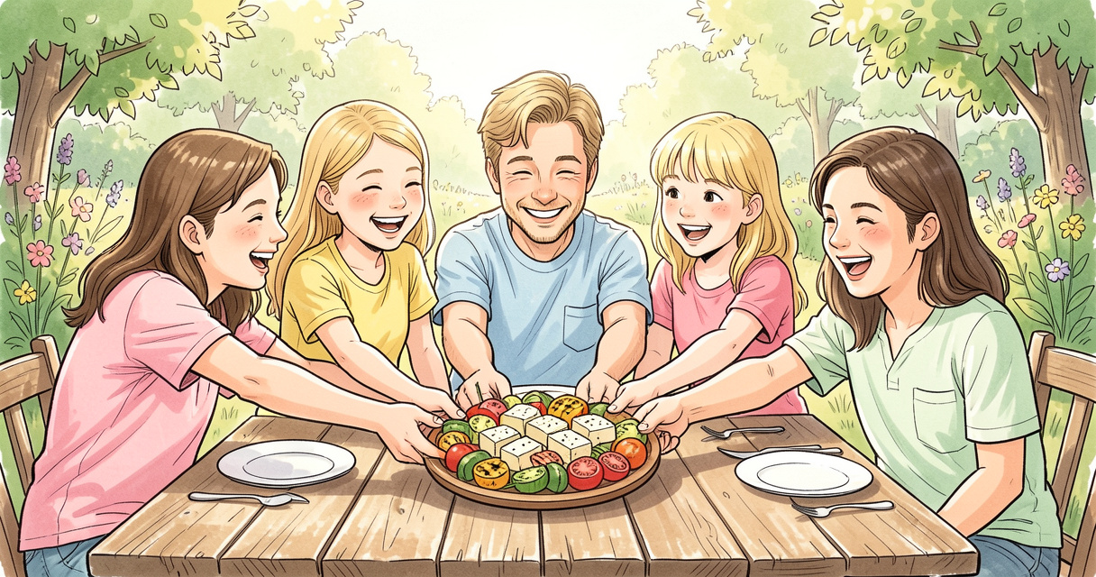 Famille se servant autour d'une assiette de légumes grillés en été, repas convivial en extérieur