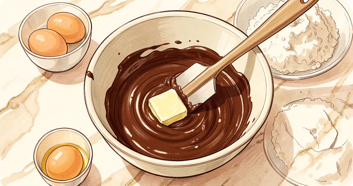 Préparation de gâteau au chocolat au Cake Factory avec chocolat fondu et ingrédients sur plan de travail