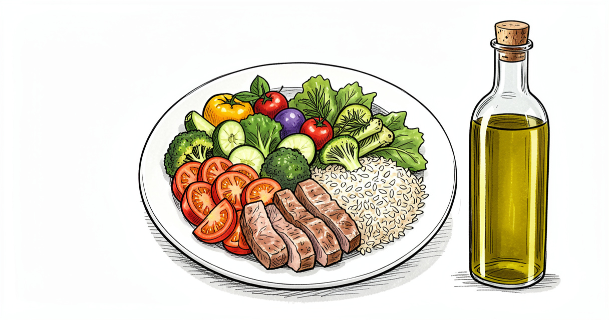 Assiette healthy équilibrée avec légumes, protéines et glucides complets