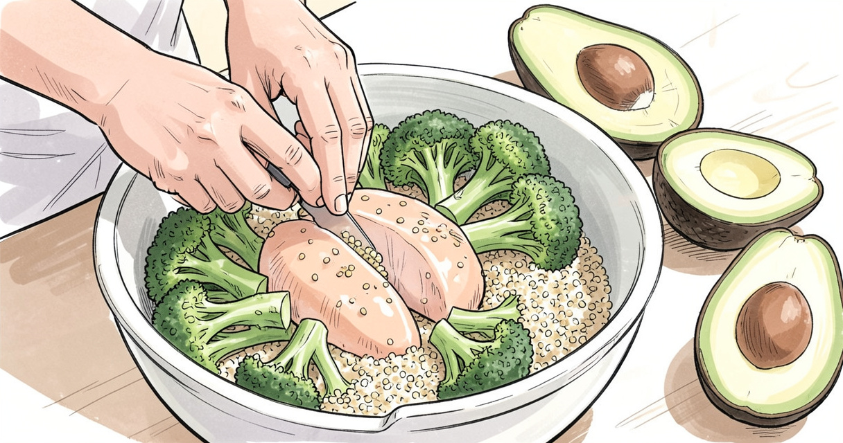 Préparation d'un plat healthy avec poulet, légumes et quinoa