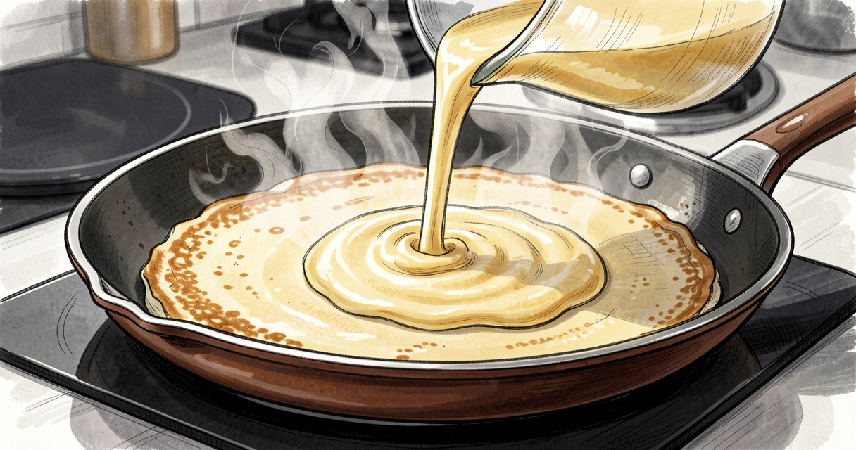 Préparation de la pâte à crêpes versée dans une poêle chaude pour une cuisson parfaite