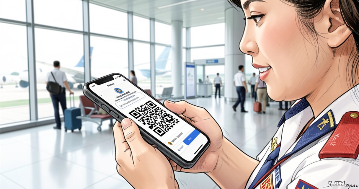 Agent d'immigration thaïlandais scannant un code QR de confirmation TDAC sur un téléphone