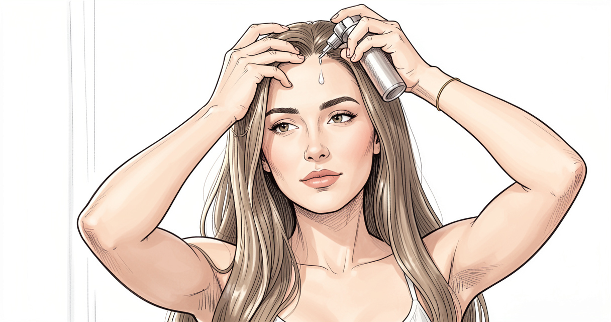 Sérum pousse cheveux appliqué sur cuir chevelu d'une femme aux cheveux longs