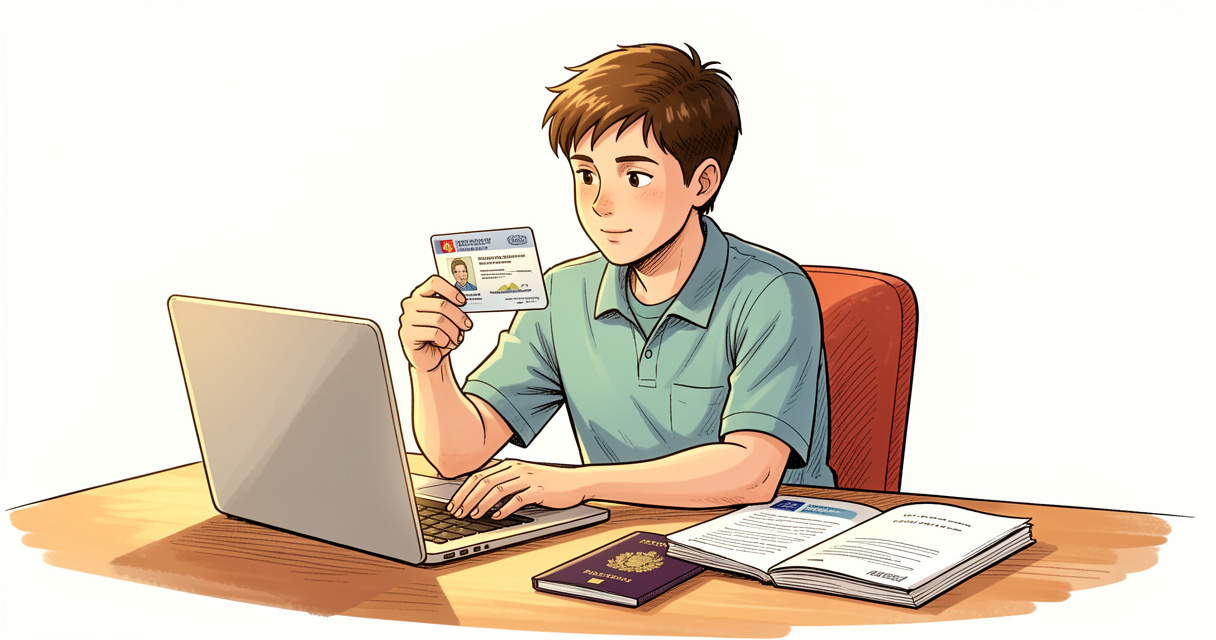 Étudiant étranger préparant son renouvellement de titre de séjour étudiant avec passeport et documents