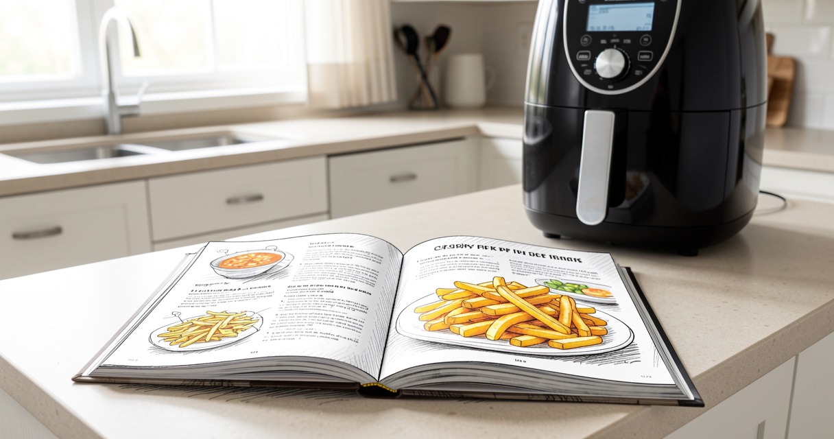Livre de recettes ouvert avec une friteuse à air Moulinex Easy Fry en arrière-plan, recette de frites croustillantes