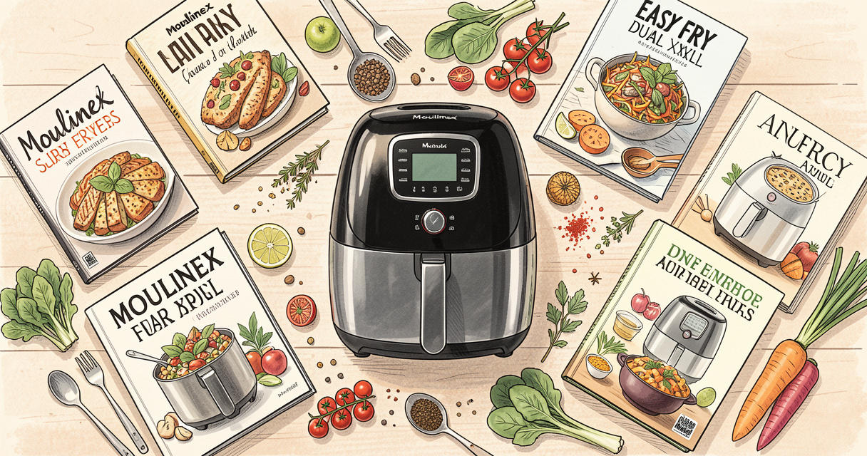 Collection de livres de recettes pour air fryer disposés autour du modèle Moulinex Easy Fry Dual XXL avec ingrédients fr