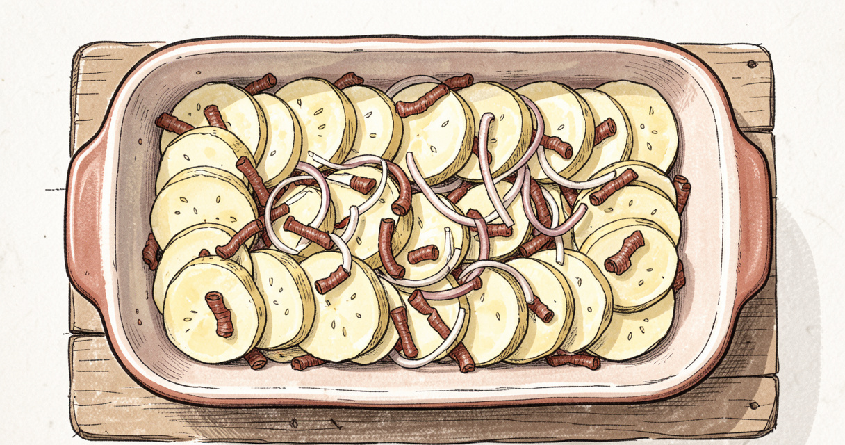 Préparation de la tartiflette : couches de pommes de terre et lardons dans un plat à gratin.
