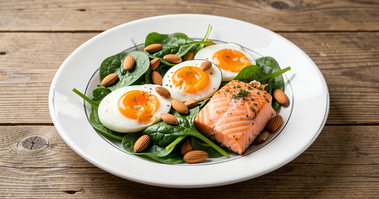 Aliments riches en fer et zinc pour stimuler la pousse des cheveux : oeufs, épinards, amandes et saumon