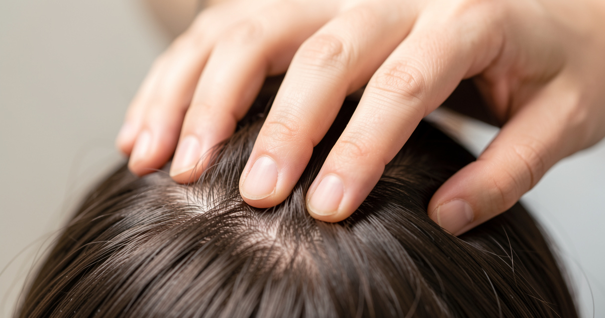 Massage du cuir chevelu avec les doigts pour activer la microcirculation et faire pousser les cheveux plus vite