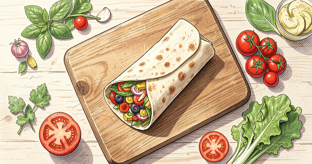 Wrap au poulet et légumes coupé en deux, posé sur une planche à découper, repas midi rapide prêt en 5 minutes