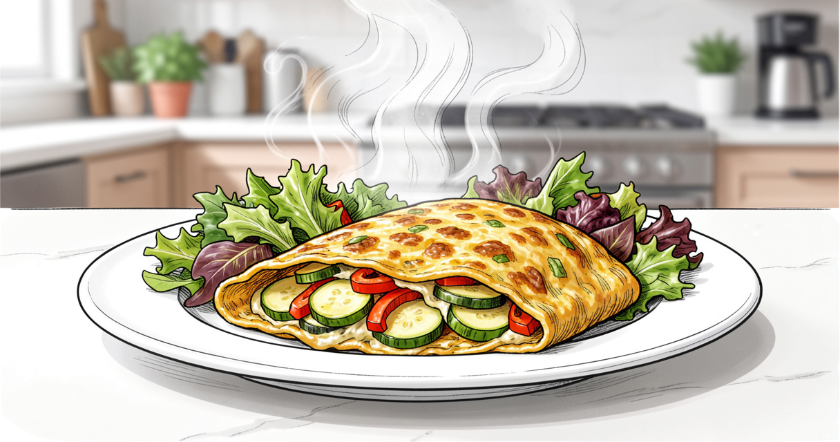 Omelette aux légumes fraîchement cuite dans une poêle, accompagnée de salade verte, déjeuner express équilibré