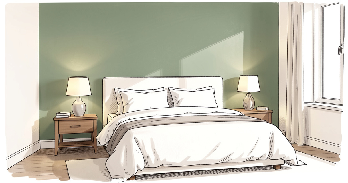 Chambre adulte avec mur vert sauge et literie blanche, ambiance apaisante