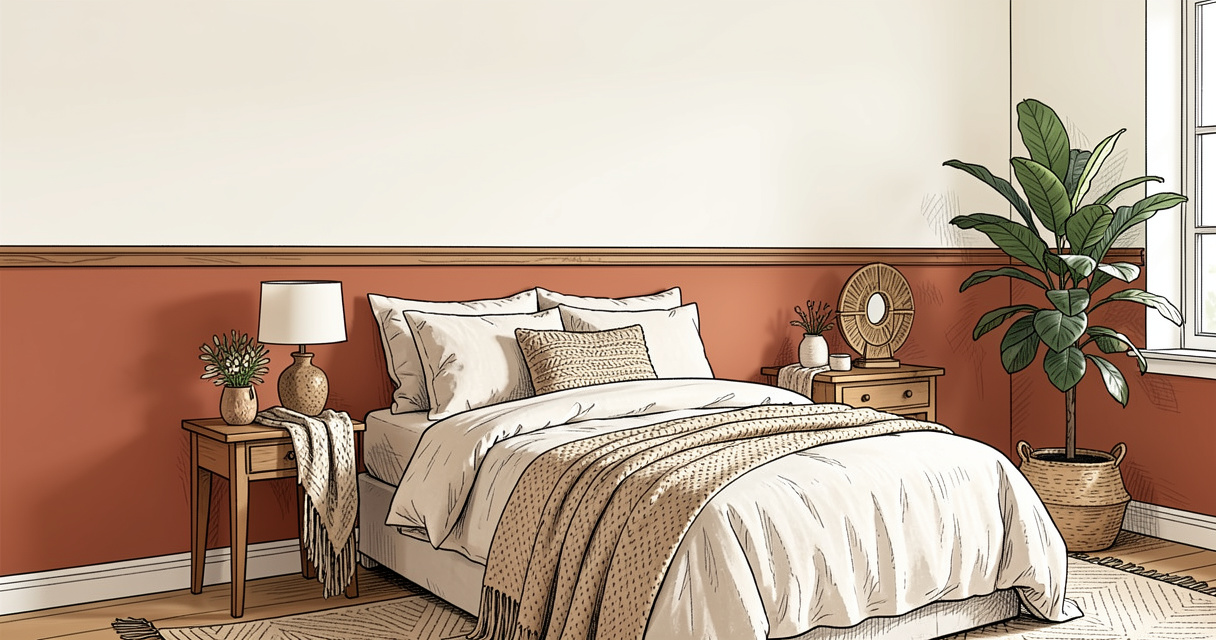 Mur bichrome terracotta et blanc dans une chambre cosy avec décoration bohème