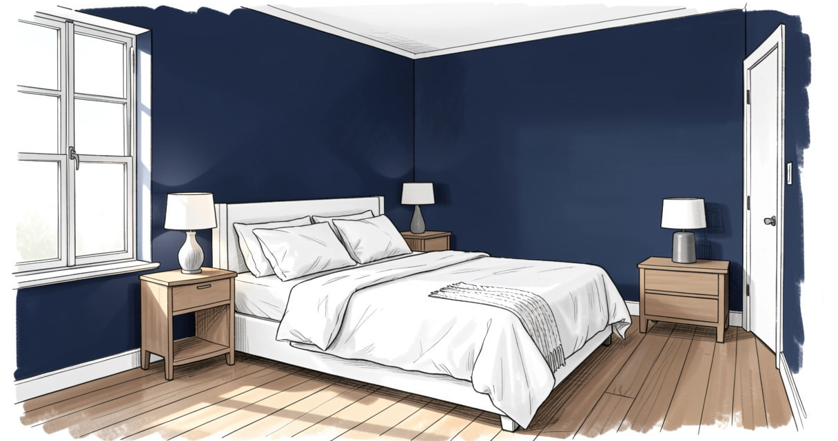 Chambre adulte avec mur bleu profond, literie blanche et lumière naturelle, ambiance apaisante pour bien dormir.
