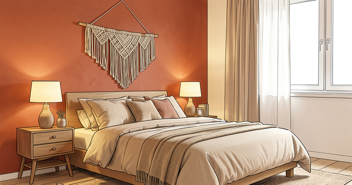 Chambre cocooning avec mur terracotta et literie beige, décoration bohème et éclairage tamisé.