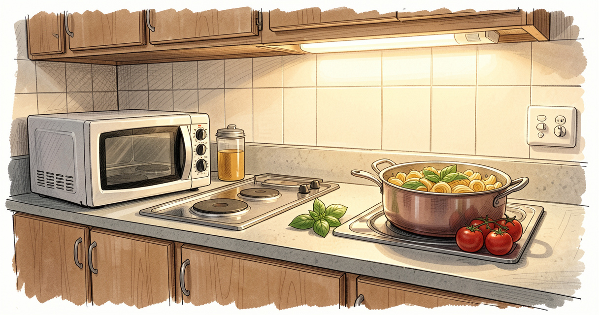 Étudiant cuisinant des pâtes rapides dans une petite cuisine d'appartement