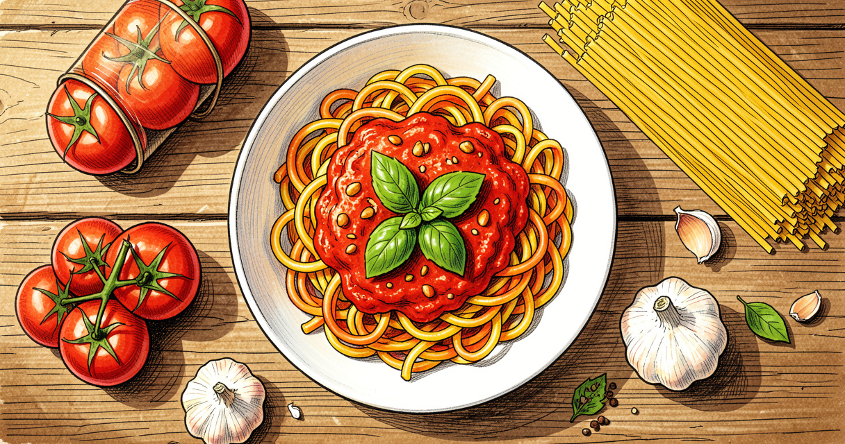 Bowl de pâtes étudiantes colorées avec sauce tomate et basilic frais sur table en bois