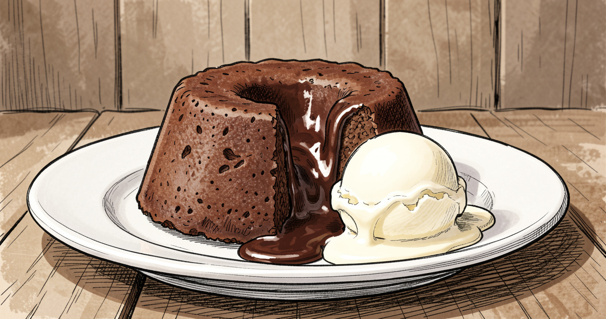 Petit gâteau chocolat coulant servi avec glace vanille sur assiette blanche