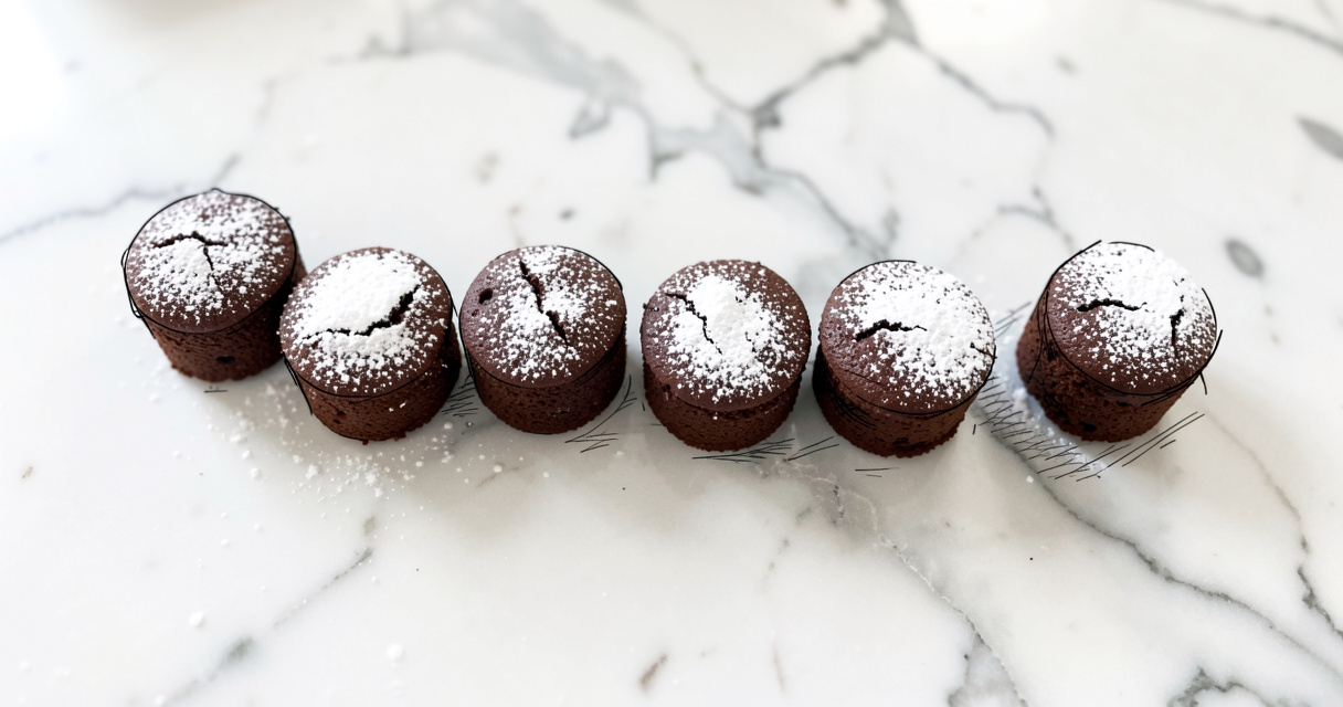 Petits gâteaux au chocolat saupoudrés de sucre glace sur fond marbre