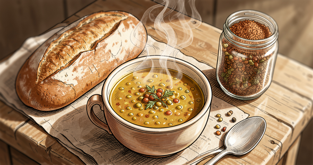 Bol de soupe de lentilles accompagné de pain et épices sur une table en bois