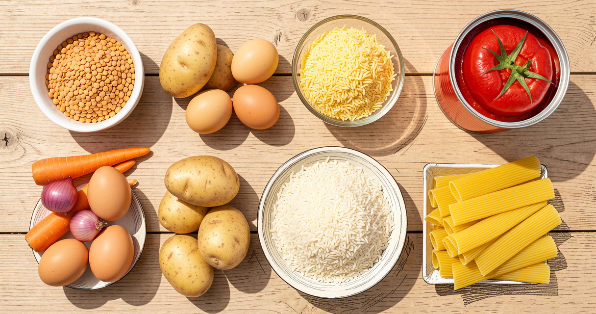 Ingrédients économiques disposés sur un fond bois : lentilles, œufs, pommes de terre, carottes, oignons, riz, pâtes et t