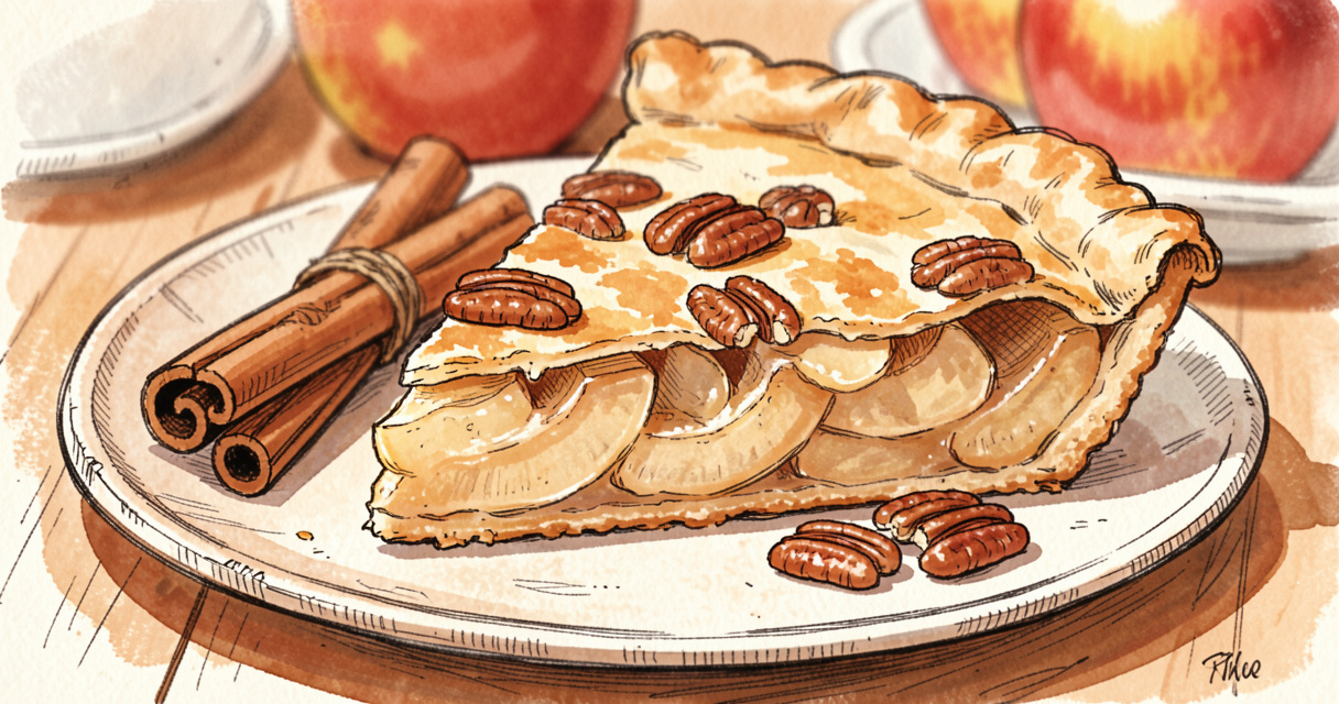 Tarte aux pommes saupoudrée de cannelle avec des noix de pécan sur une assiette en céramique
