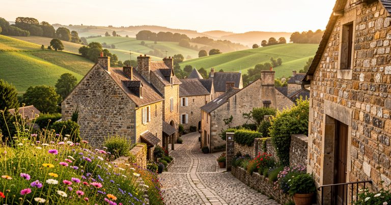 Vue panoramique d'un village traditionnel de France avec son patrimoine architectural en pierre.