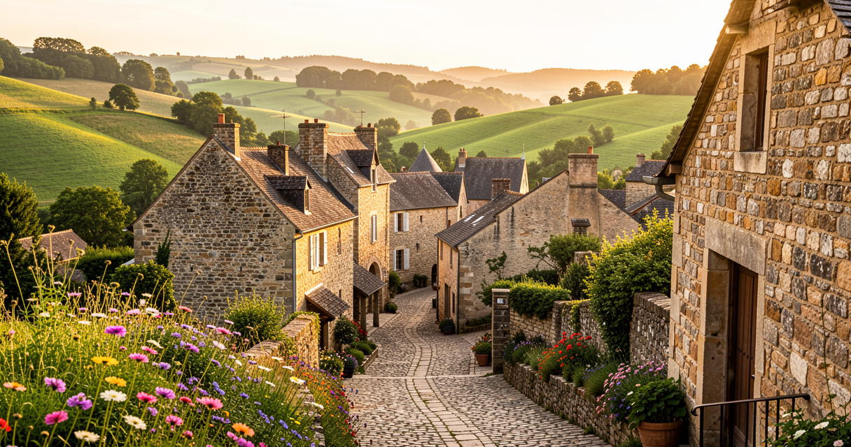 Vue panoramique d'un village traditionnel de France avec son patrimoine architectural en pierre.