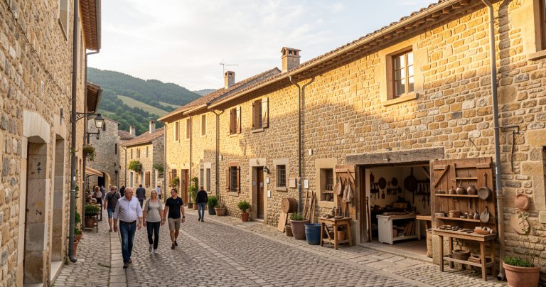 Rue pavée de Cordes-sur-Ciel avec façades médiévales et visiteurs à pied