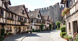 Vue panoramique d'un village alsacien avec maisons a colombages, ruelles pavees et remparts medievales
