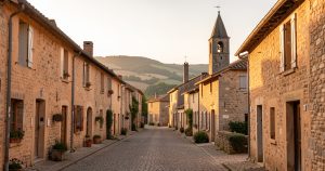 Village médiéval en pierre dans les paysages ruraux de l’Aveyron